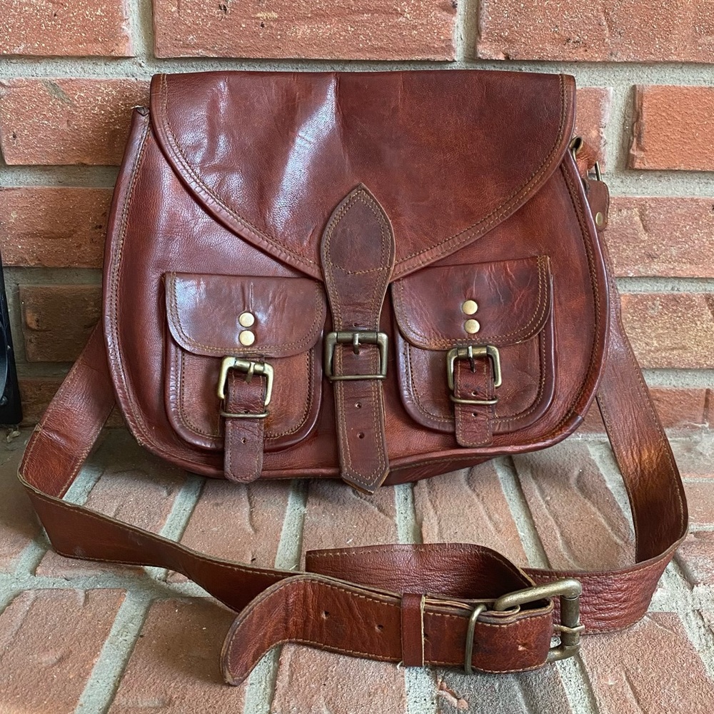 Vintage Brown Leather Shoulder Messenger School Laptop Bag